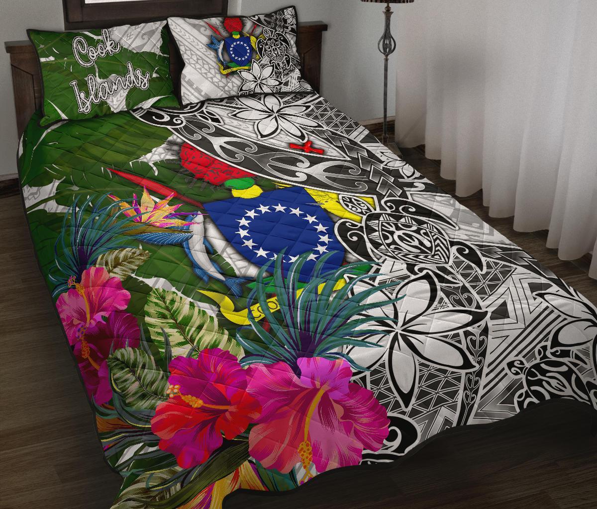 Cook Islands Quilt Bed Set White - Turtle Plumeria Banana Leaf White - Polynesian Pride