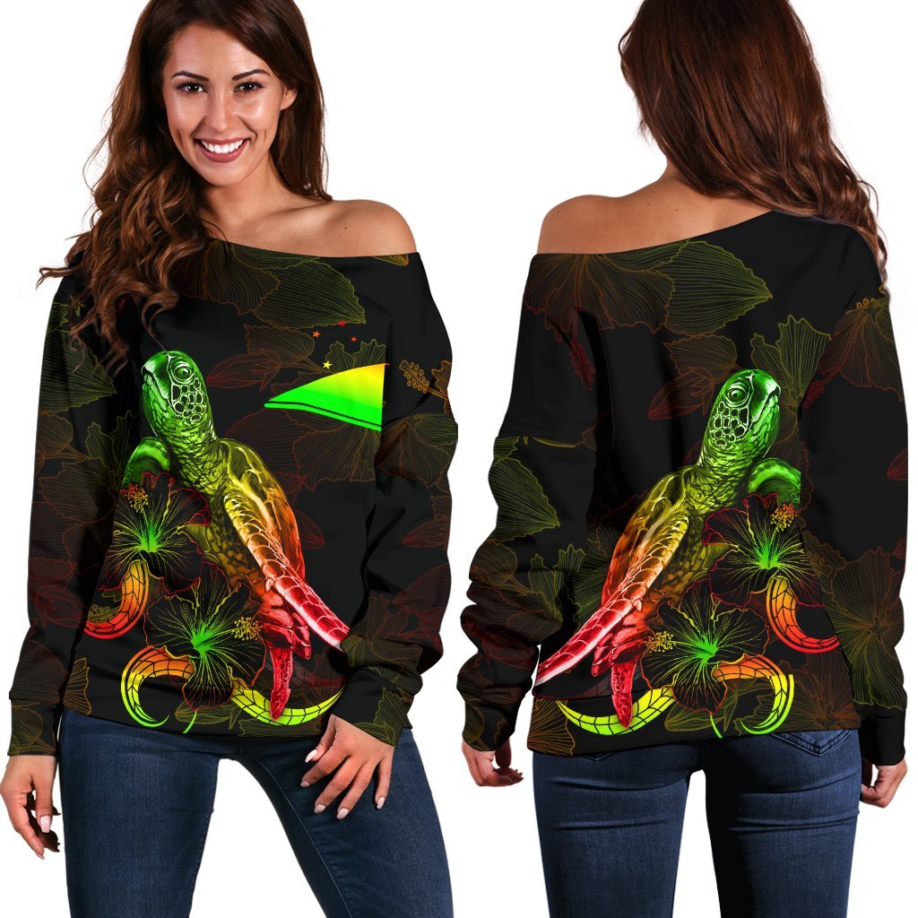 Tokelau Polynesian Women's Off Shoulder Sweater - Turtle With Blooming Hibiscus Reggae Art - Polynesian Pride