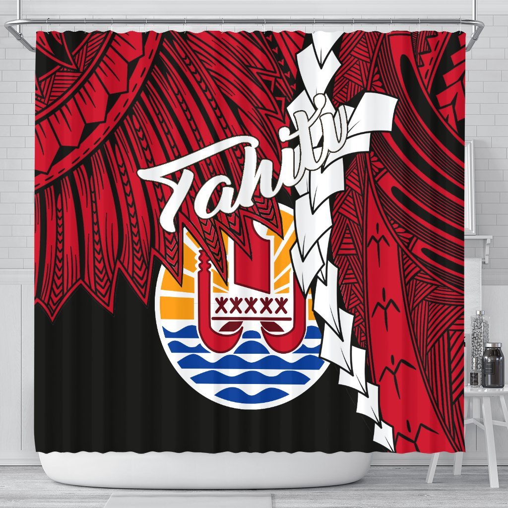 Tahiti Polynesian Shower Curtain - Tribal Wave Tattoo Flag Style 177 x 172 (cm) Black - Polynesian Pride