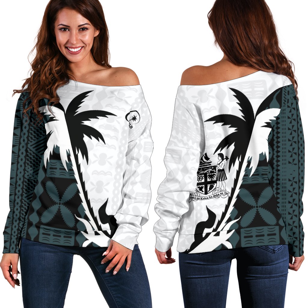 Fiji Coconut Tree Women Off Shoulder Sweater K4 Black - Polynesian Pride