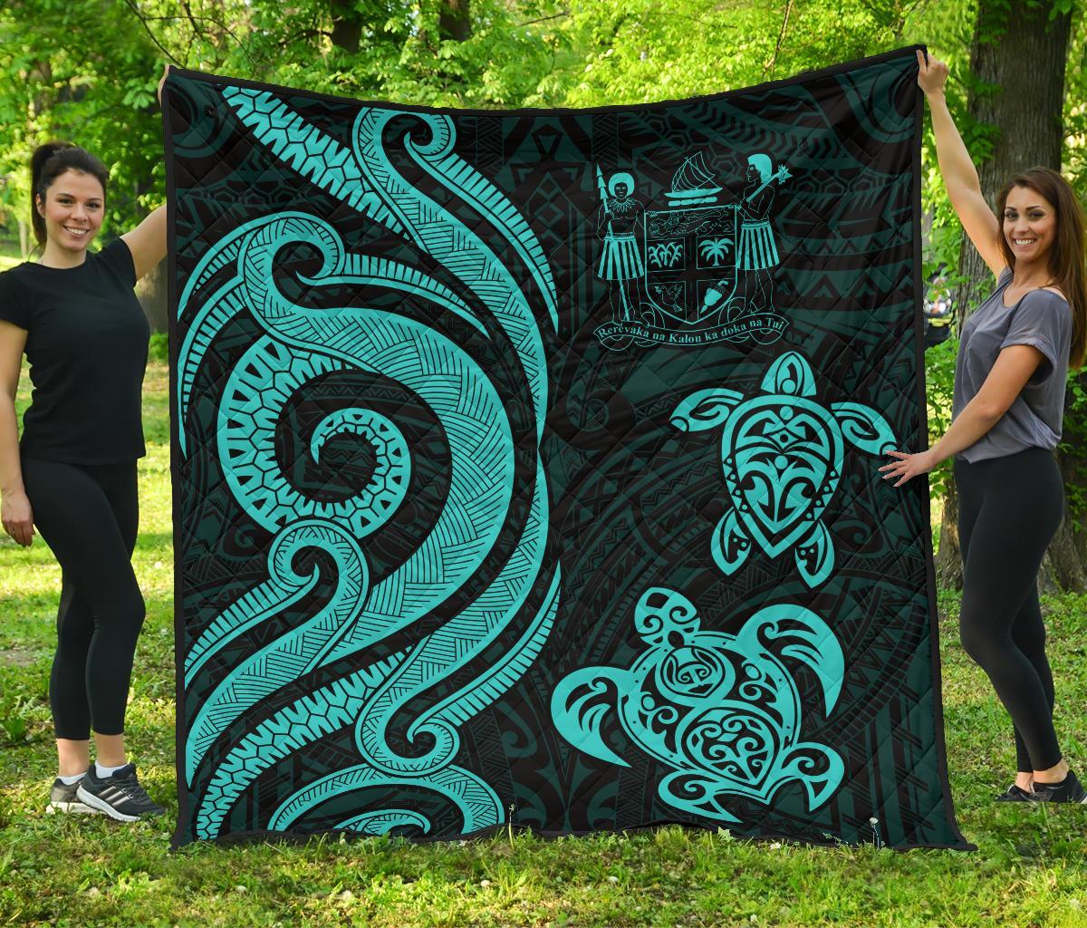 Fiji Polynesian Premium Quilt - Turquoise Tentacle Turtle Crest Turquoise - Polynesian Pride