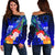 Pohnpei Women's Off Shoulder Sweater - Humpback Whale with Tropical Flowers (Blue) Blue - Polynesian Pride