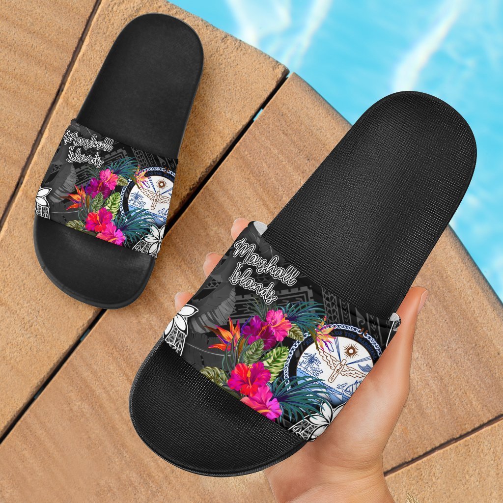 Marshall Islands Slide Sandals Coat of Arm - Turtle Floral Black - Polynesian Pride