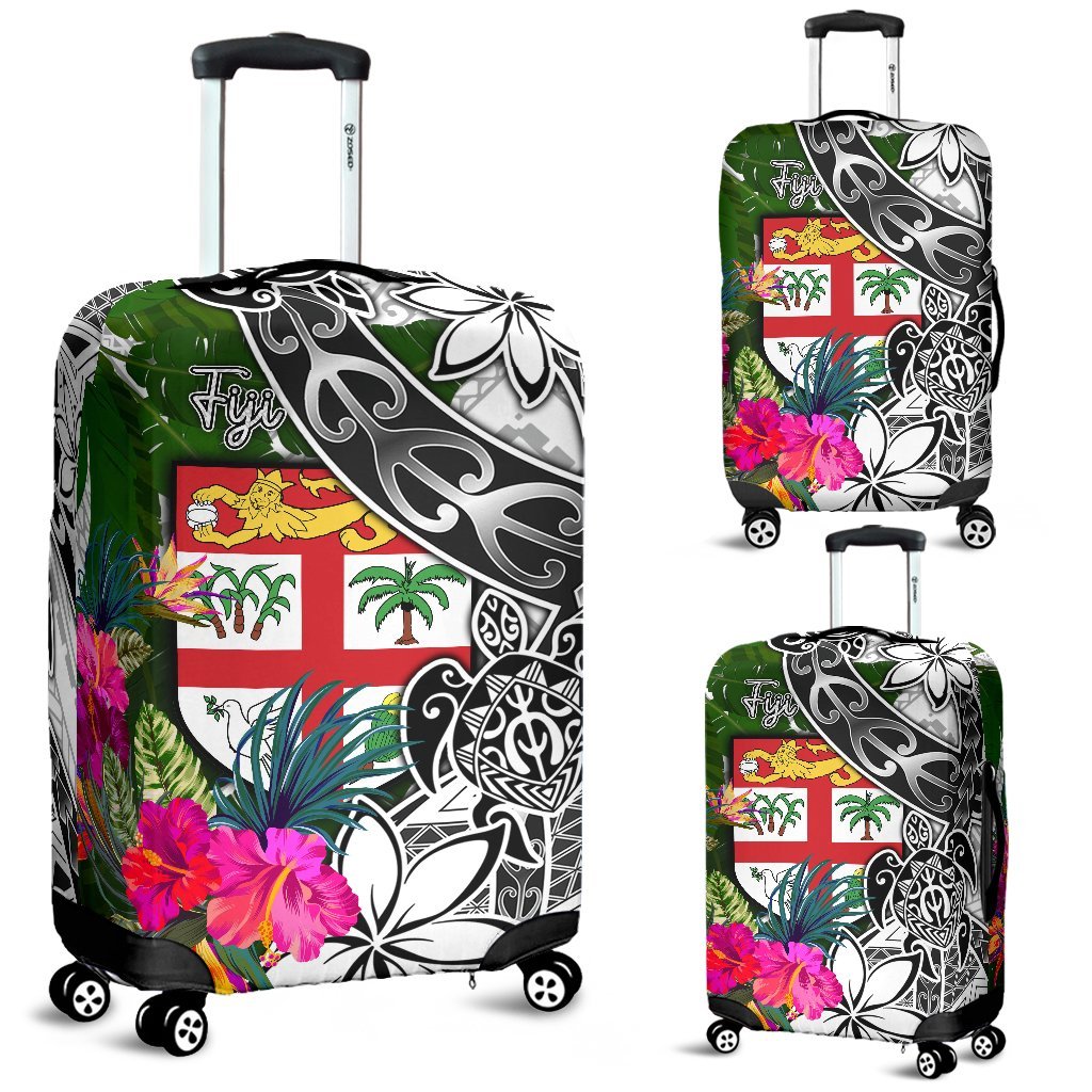 Fiji Luggage Covers White - Turtle Plumeria Banana Leaf White - Polynesian Pride
