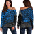 Tahiti Polynesian Women Off Shoulder Sweater - Blue Turtle Hibiscus Flowing BLUE - Polynesian Pride