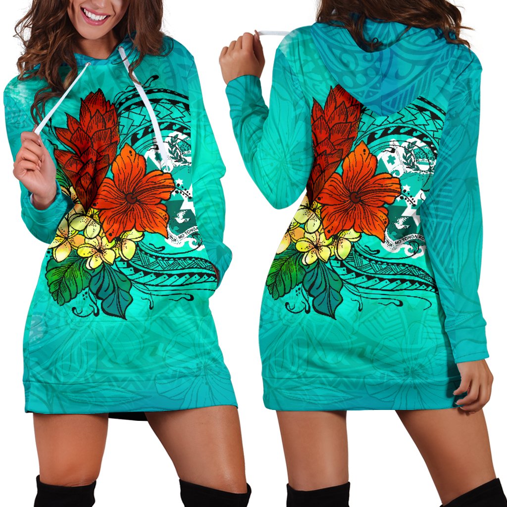 Tonga Women's Hoodie Dress - Tropical Flowers Style Blue - Polynesian Pride