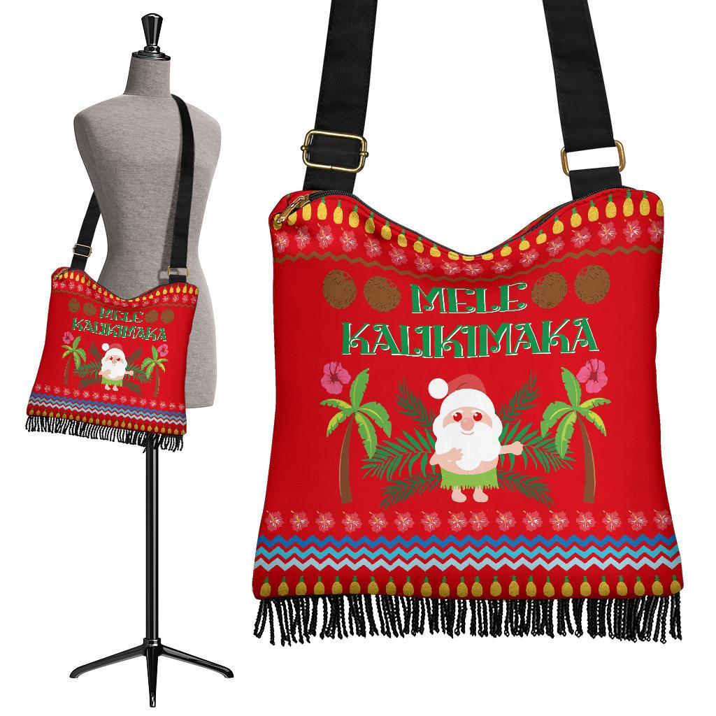 Hawaii Mele Kalikimaka Pattern Christmas Hawaiian Crossbody Boho Handbag - Pon Style - AH Crossbody Boho Handbag One Size Red - Polynesian Pride