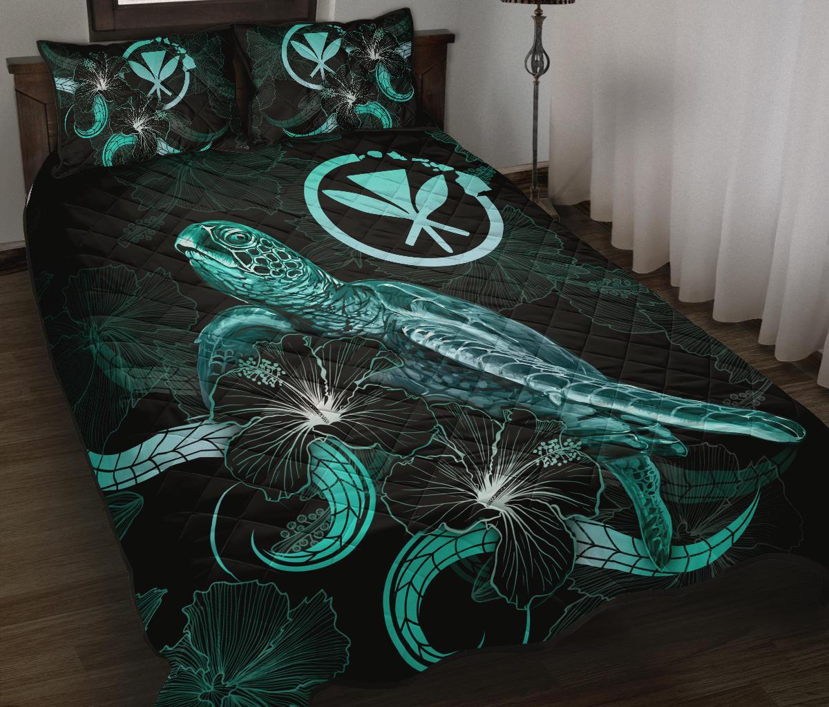 Hawaii Polynesian Quilt Bed Set - Turtle With Blooming Hibiscus Turquoise Turquoise - Polynesian Pride