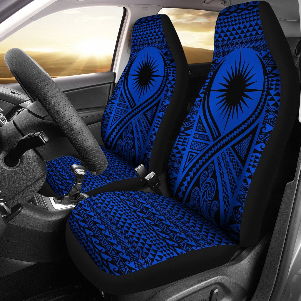 Marshall Islands Car Seat Cover - Marshall Islands Flag Polynesian Tattoo Blue Universal Fit Blue - Polynesian Pride