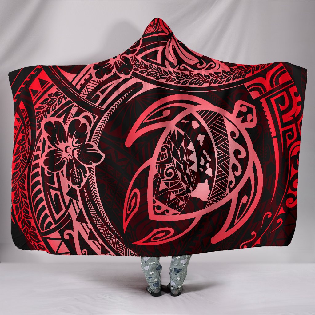 Hawaii Turtle Polynesian Red Hooded Blanket Hooded Blanket Red - Polynesian Pride