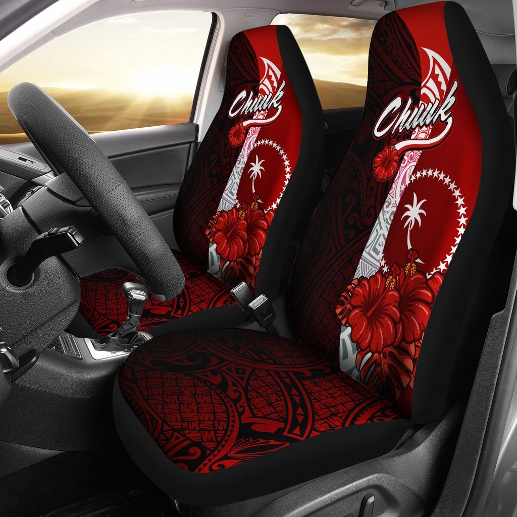 Chuuk Micronesia Car Seat Covers - Coat Of Arm With Hibiscus Universal Fit Red - Polynesian Pride