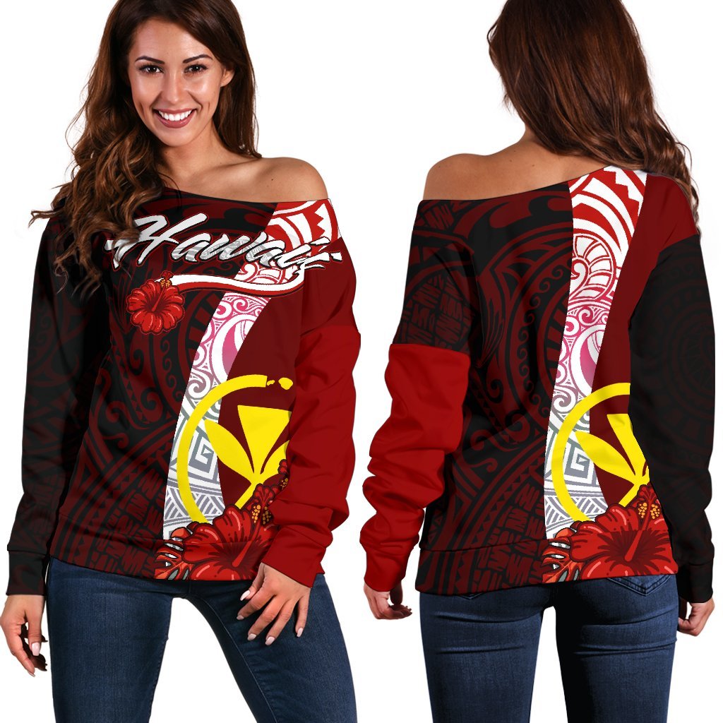 Hawaii Polynesian Women's Off Shoulder Sweater - Coat Of Arm With Hibiscus Red - Polynesian Pride