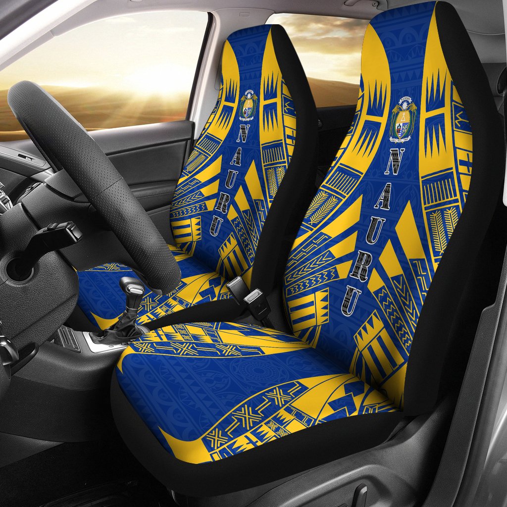 Nauru Car Seat Covers - Nauru Coat Of Arms Polynesian Tattoo Flag Universal Fit Blue-Yellow - Polynesian Pride