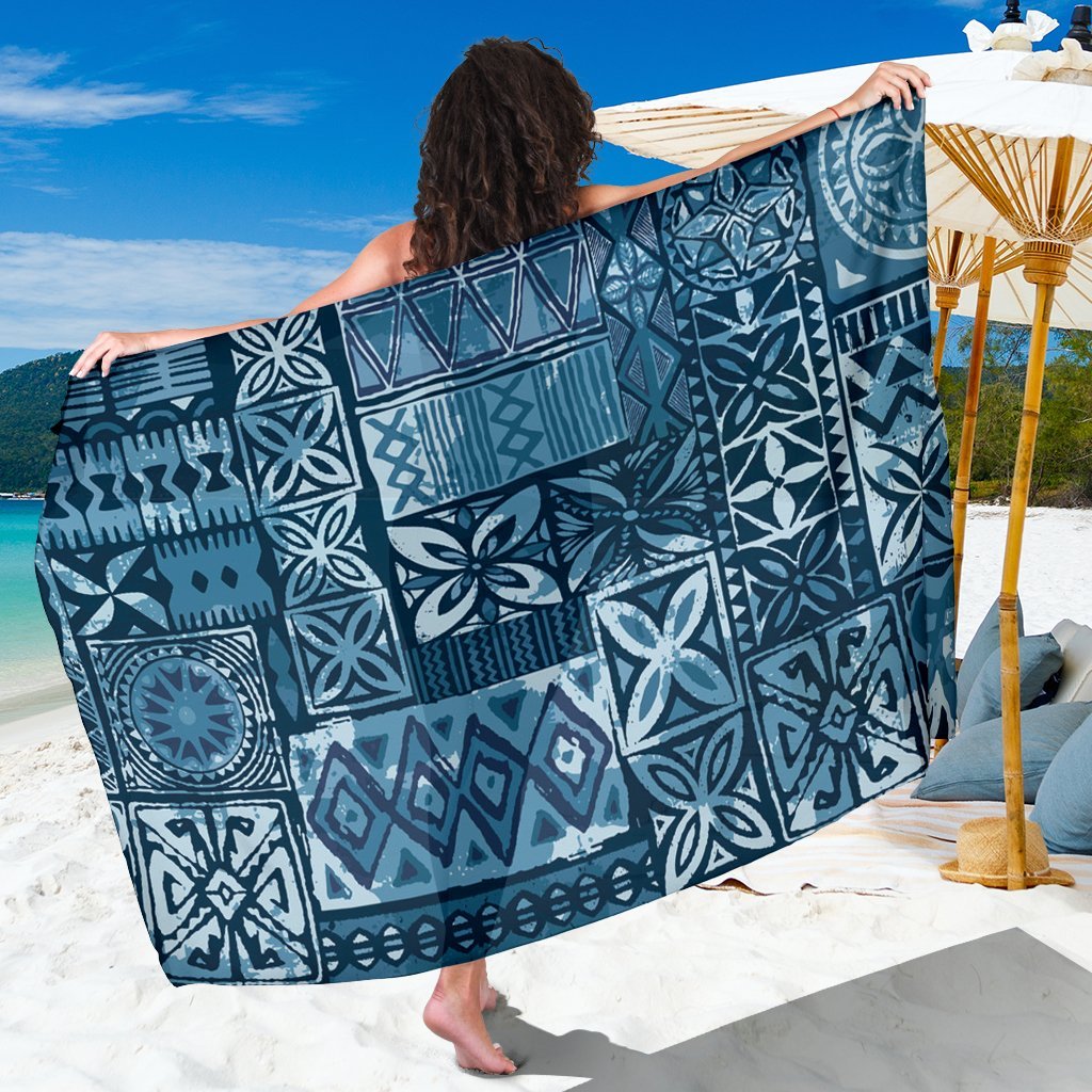 Polynesian Sarong - Blue Tapa Tribal Fabric Pattern SARONG ONE SIZE Vintage Color - Polynesian Pride