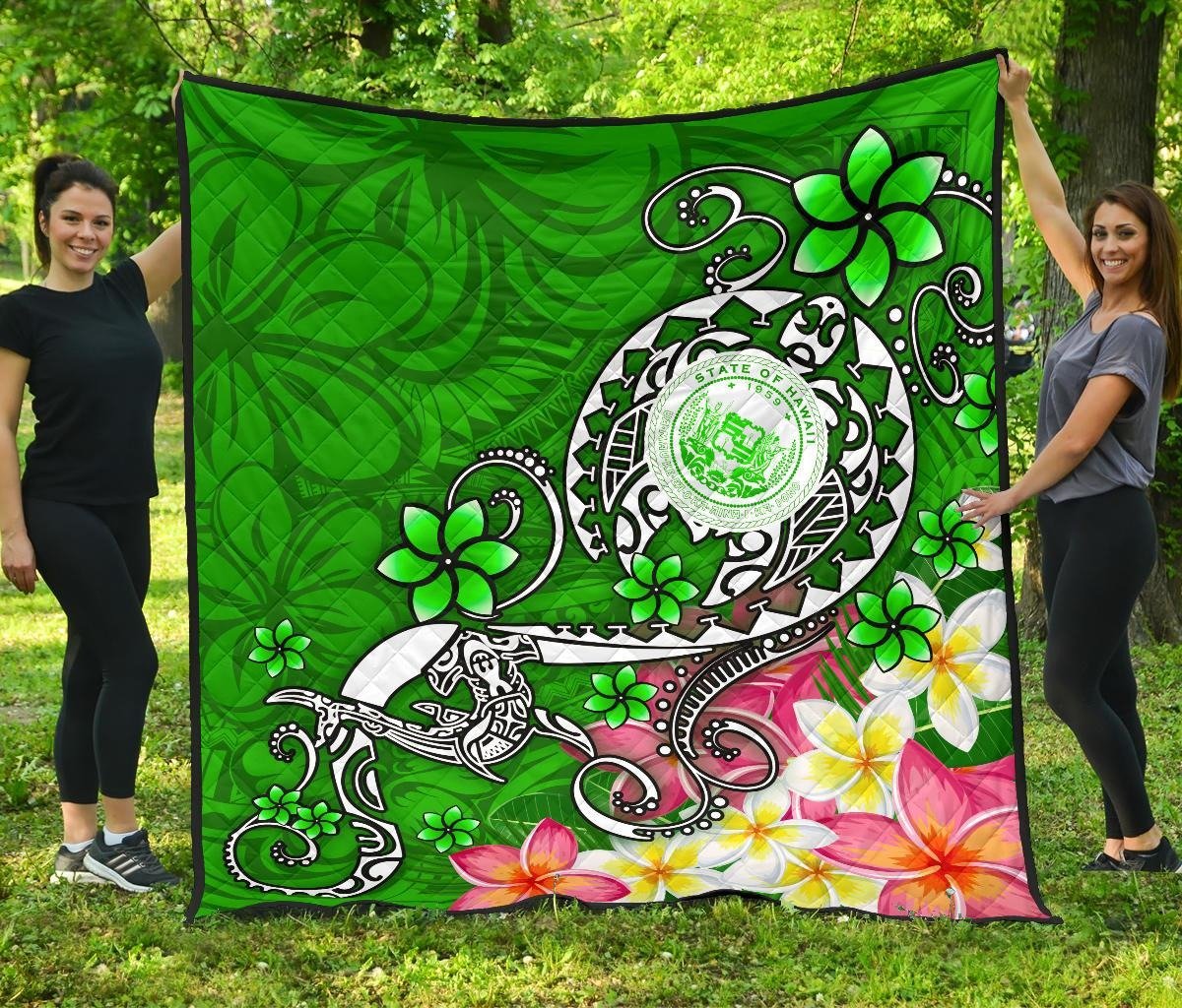 Hawaii Polynesian Premium Quilt - Hawaii Seal With Turtle Plumeria (Green) Green - Polynesian Pride