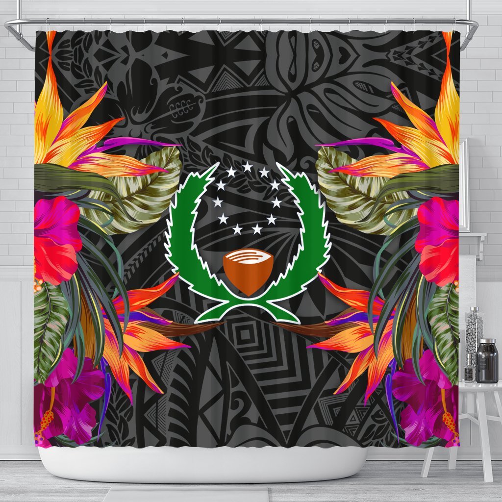 Pohnpei Shower Curtain - Polynesian Hibiscus Pattern 177 x 172 (cm) Black - Polynesian Pride