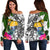 Nauru Women's Off Shoulder Sweater White - Turtle Plumeria Banana Leaf Crest White - Polynesian Pride