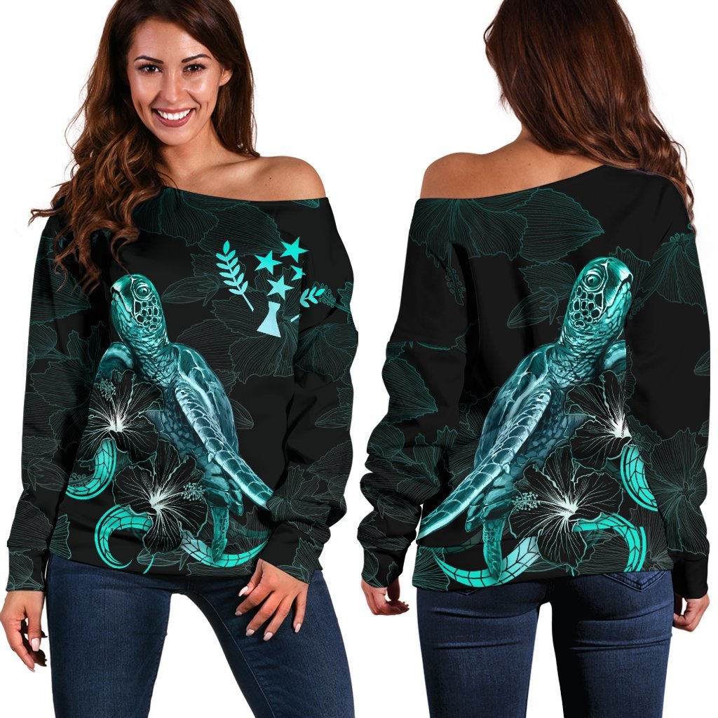 Kosrae Polynesian Women's Off Shoulder Sweater - Turtle With Blooming Hibiscus Turquoise Turquoise - Polynesian Pride