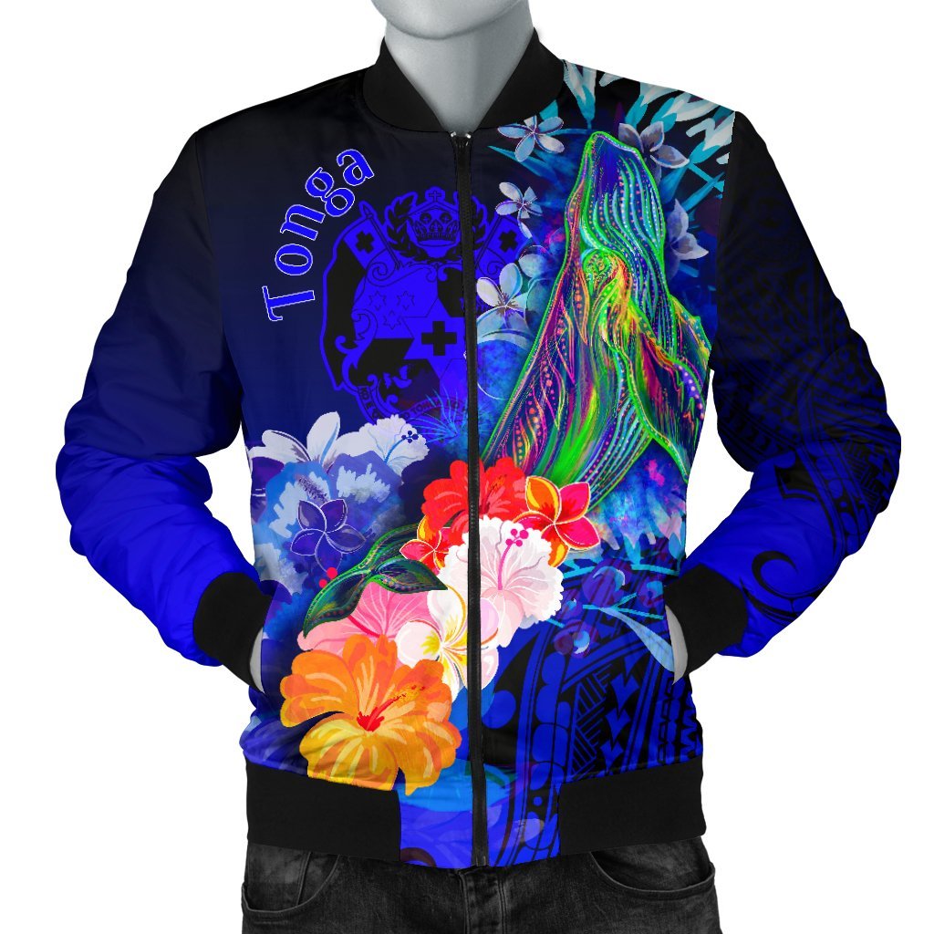 Tonga Men's Bomber Jacket - Humpback Whale with Tropical Flowers (Blue) Blue - Polynesian Pride