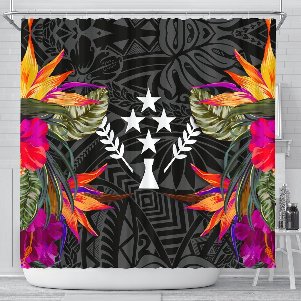 Kosrae Shower Curtain - Polynesian Hibiscus Pattern 177 x 172 (cm) Black - Polynesian Pride