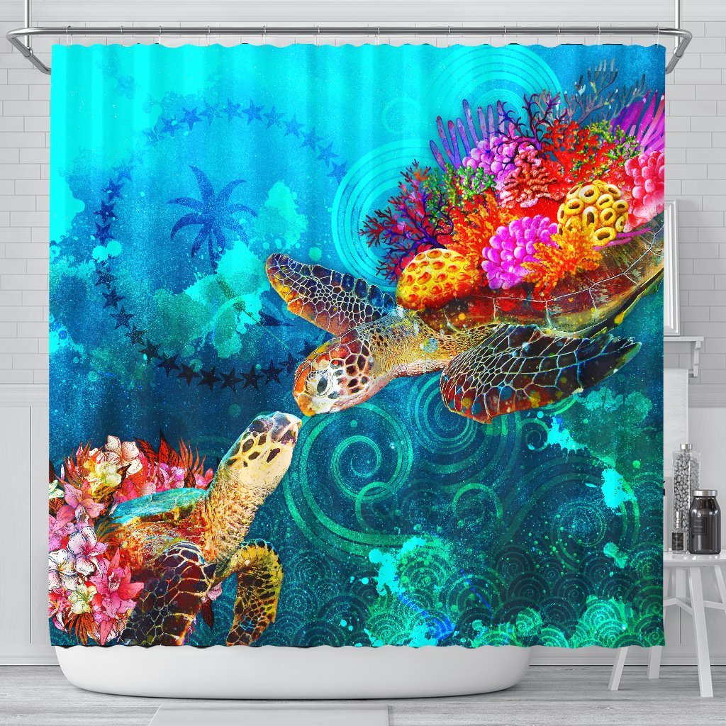 Chuuk Shower Curtain - Sea Turtle Coral Treasure 177 x 172 (cm) BLACK - Polynesian Pride