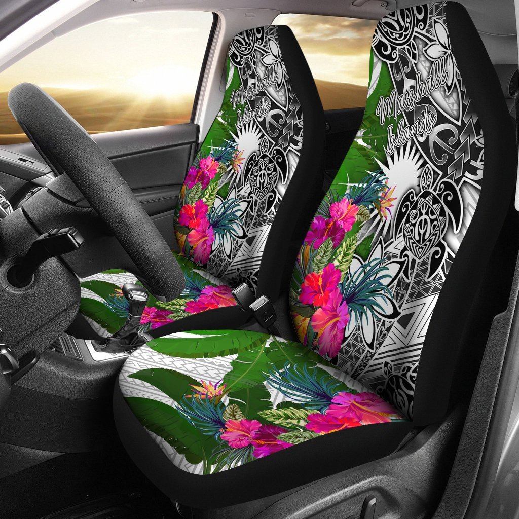 Marshall Islands Car Seat Covers White - Turtle Plumeria Banana Leaf Universal Fit White - Polynesian Pride