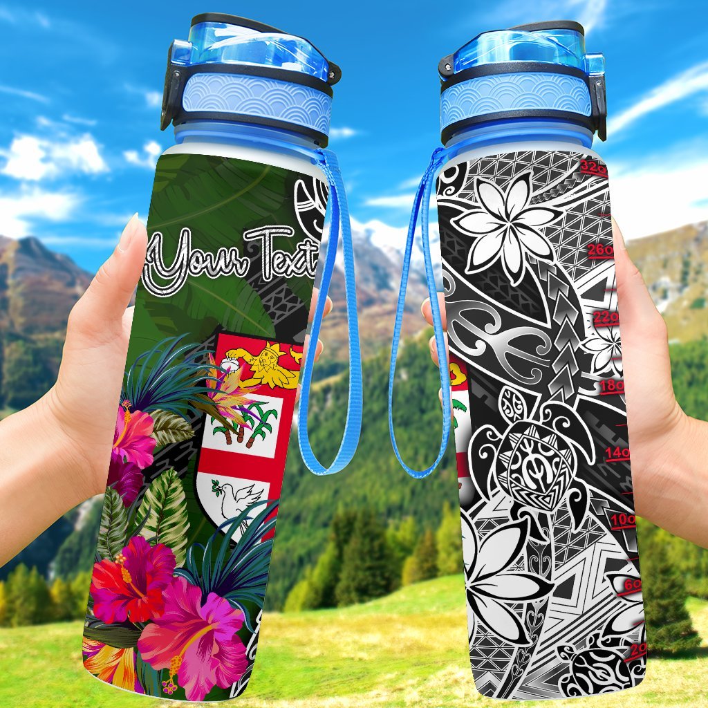 Fiji Custom Personalised Hydro Tracking Bottle - Turtle Plumeria Banana Leaf Hydro Tracking Bottle 32oz Large Black - Polynesian Pride