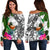 Pohnpei Women's Off Shoulder Sweater White - Turtle Plumeria Banana Leaf White - Polynesian Pride