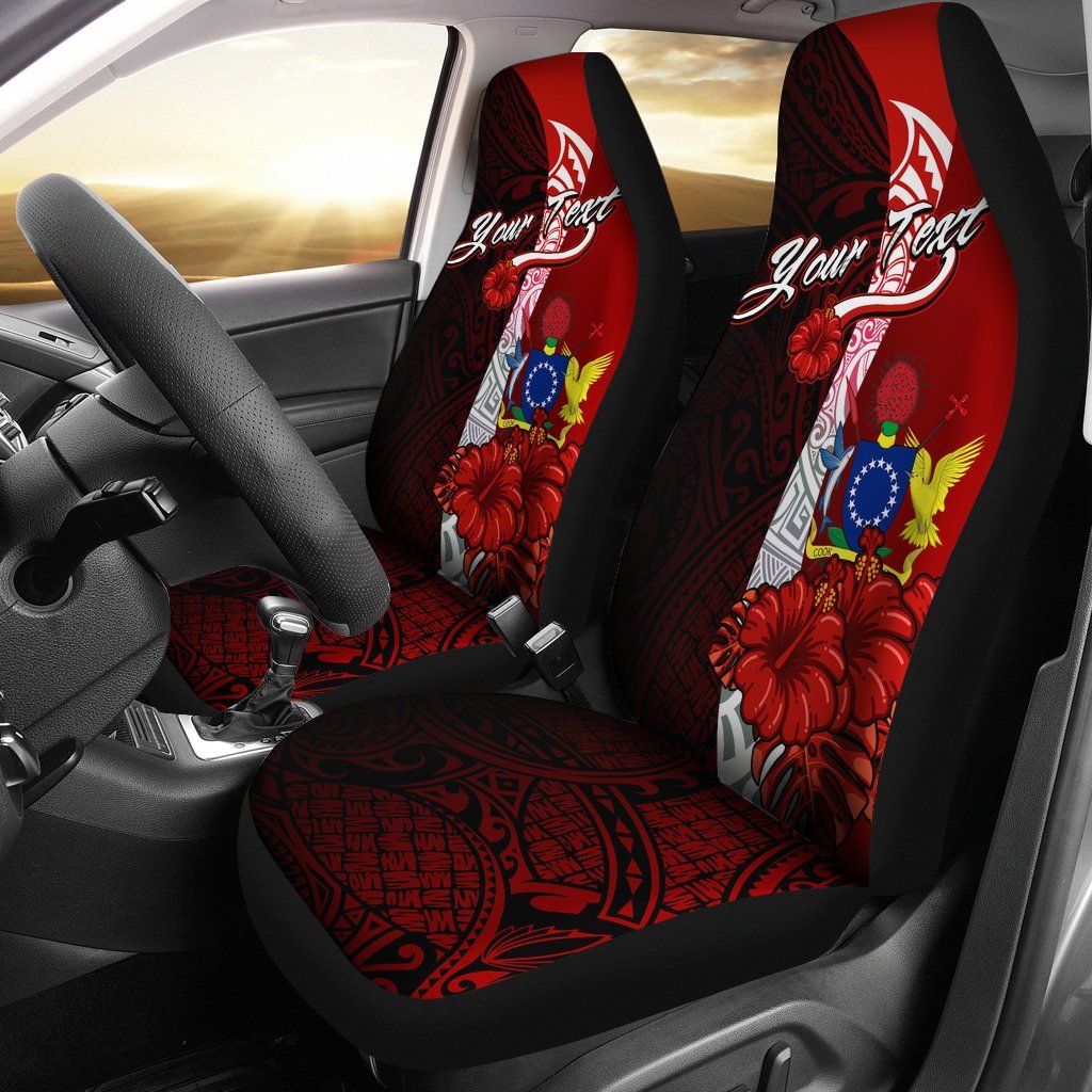 Cook Islands Polynesian Custom Personalised Car Seat Covers - Coat Of Arm With Hibiscus Universal Fit Red - Polynesian Pride