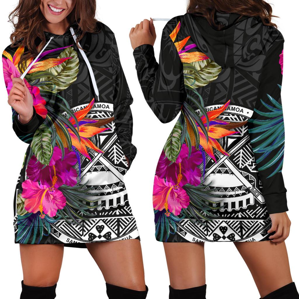 American Samoa Women's Hoodie Dress - Polynesian Hibiscus Pattern Black - Polynesian Pride