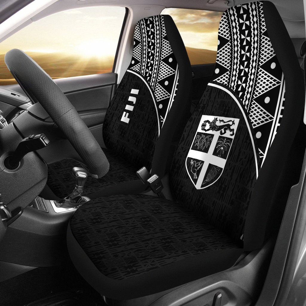 Fiji Tapa Car Seat Covers - Fiji Flag White Curve Universal Fit Black - Polynesian Pride