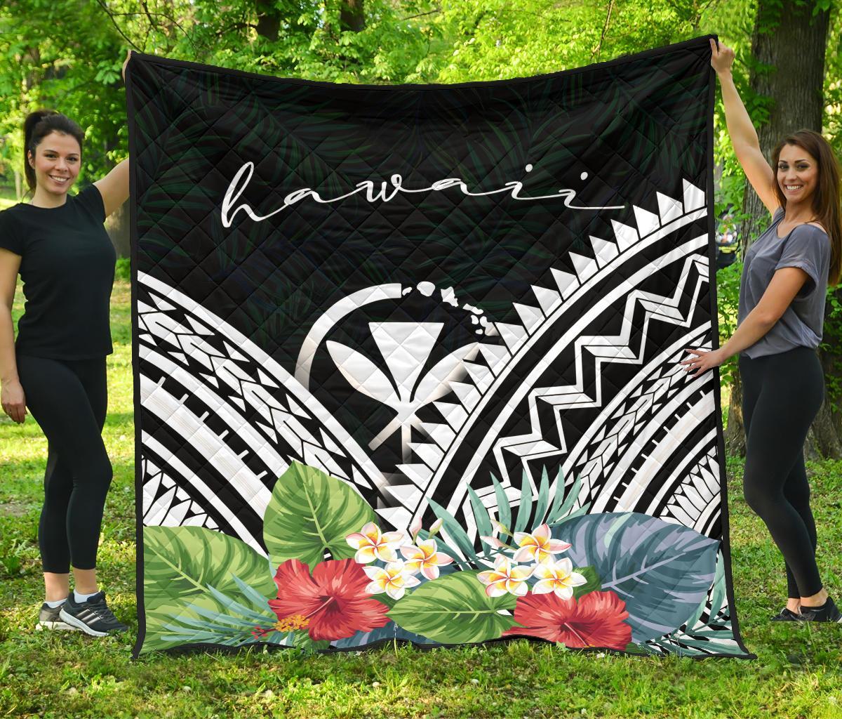 Hawaii Premium Quilt - Hawaii Coat of Arms & Polynesian Tropical Flowers White - Polynesian Pride