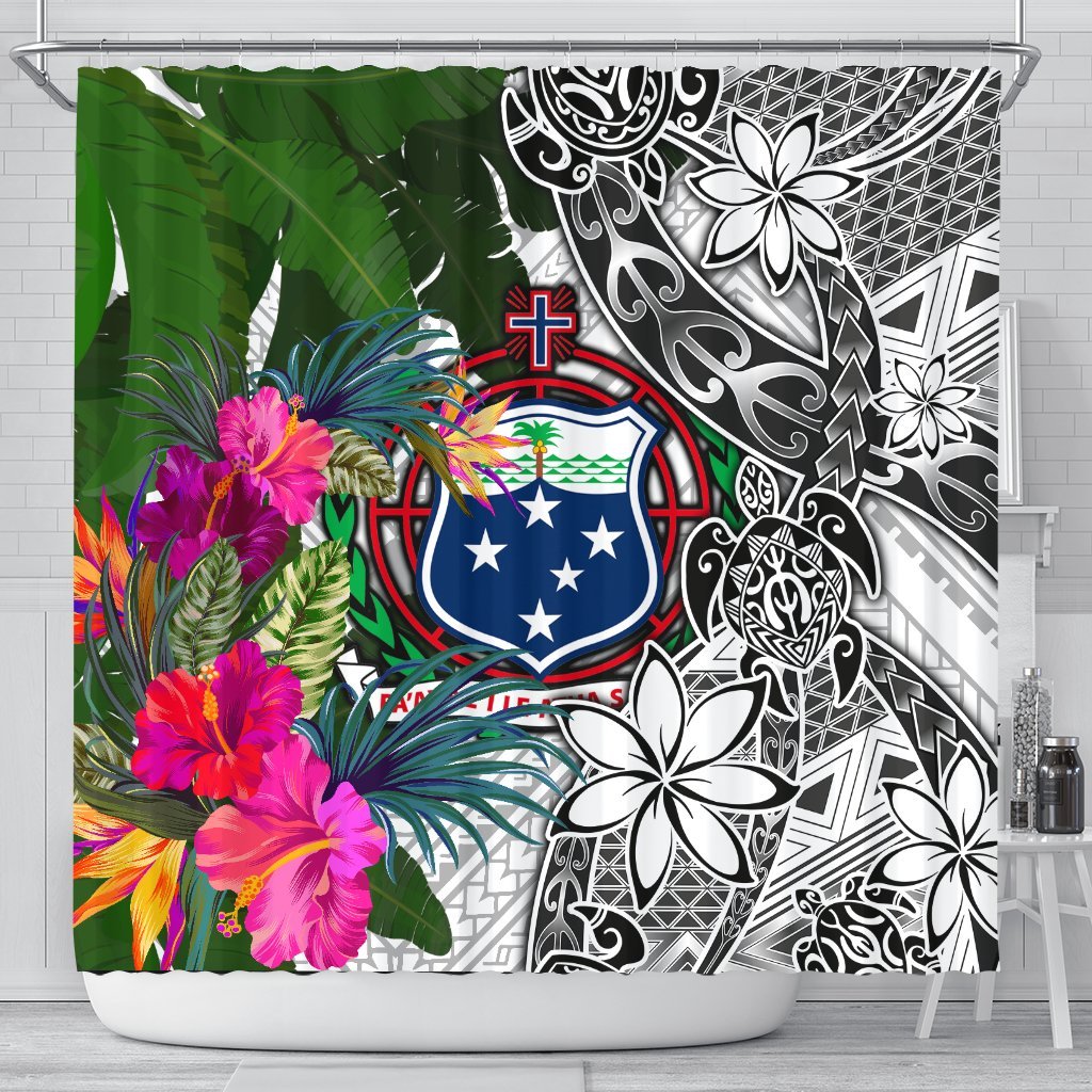 Samoa Shower Curtain White - Turtle Plumeria Banana Leaf 177 x 172 (cm) White - Polynesian Pride