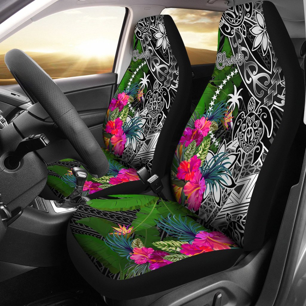 Chuuk Car Seat Covers - Turtle Plumeria Banana Leaf Universal Fit Black - Polynesian Pride