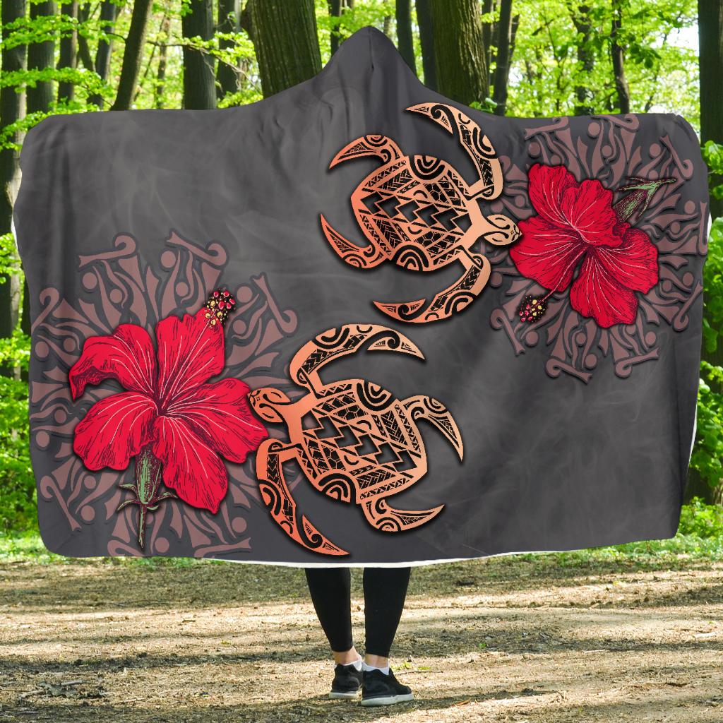 Hawaii Turtle Hibiscus Polynesian Hooded Blanket - Khoi Style - AH Hooded Blanket Gray - Polynesian Pride