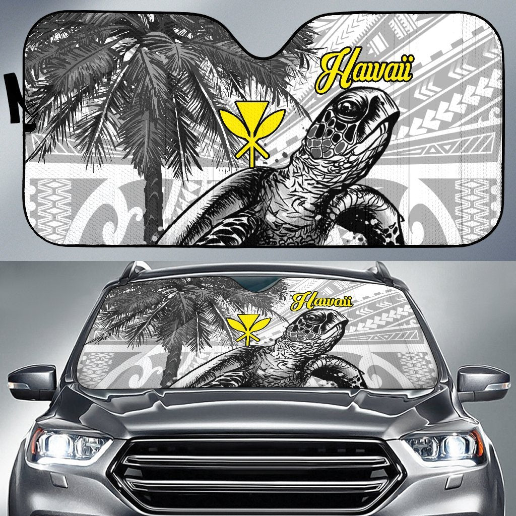 Hawaii Auto Sun Shade - Turtle Palm Tree White Auto Sun Shade Universal Fit White - Polynesian Pride