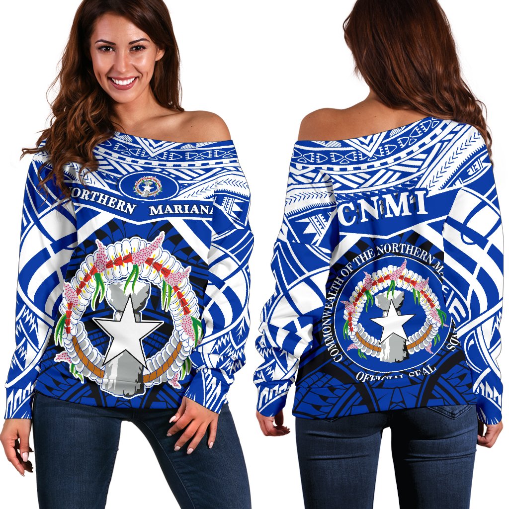 Northern Mariana Islands Rugby Off Shoulder Sweater Spirit - CNMI Blue - Polynesian Pride