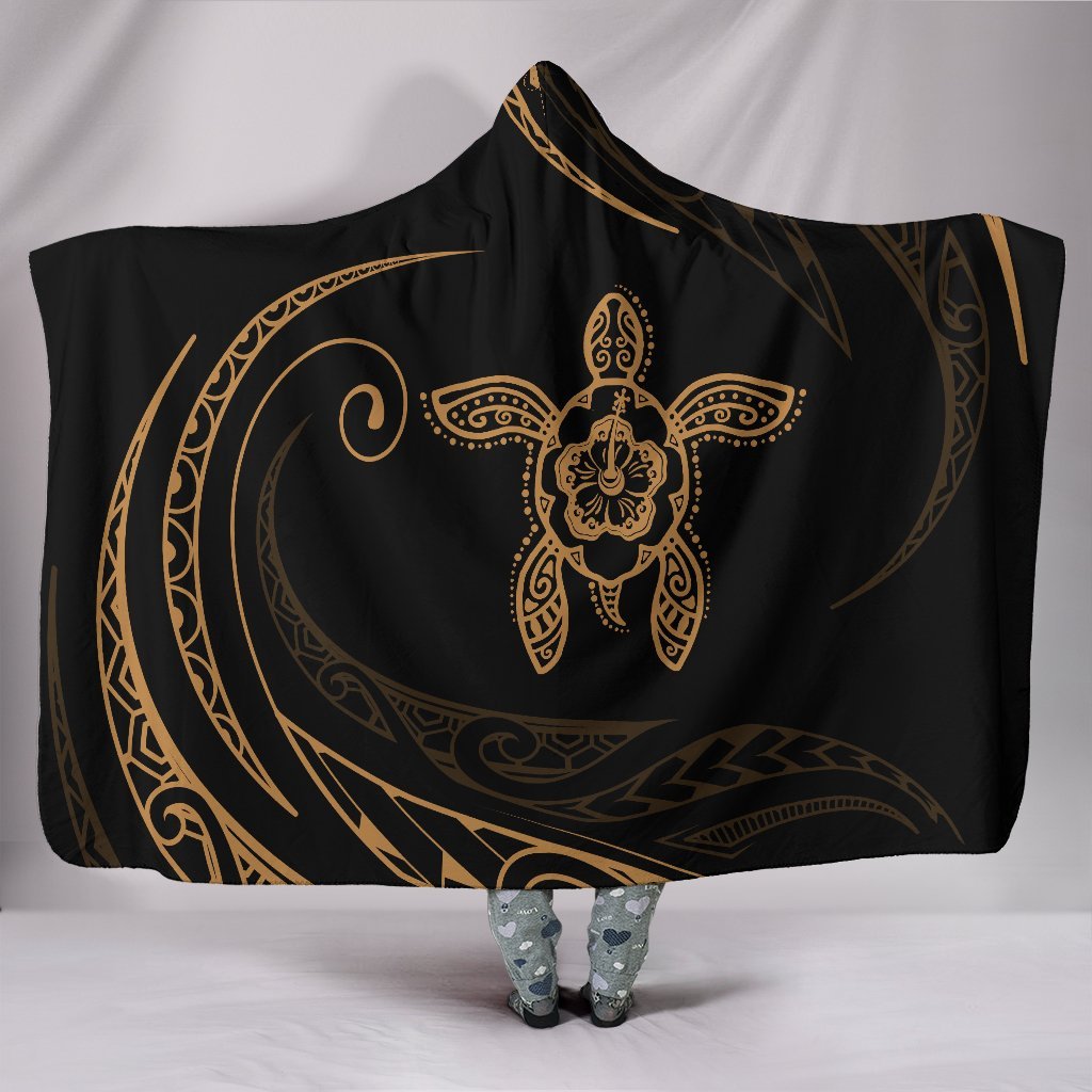 Hawaii Turtle Hibicus Hooded Blanket - Gold - Frida Style Hooded Blanket Gold - Polynesian Pride