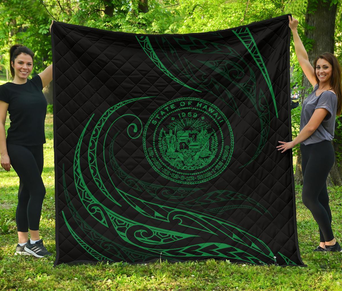 Hawaii Coat Of Arms Premium Quilt - Green - Frida Style Black - Polynesian Pride