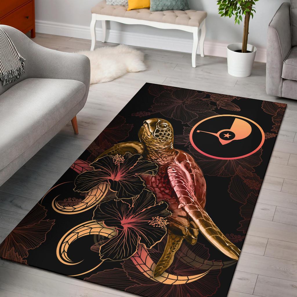 Yap Polynesian Area Rugs - Turtle With Blooming Hibiscus Gold Gold - Polynesian Pride