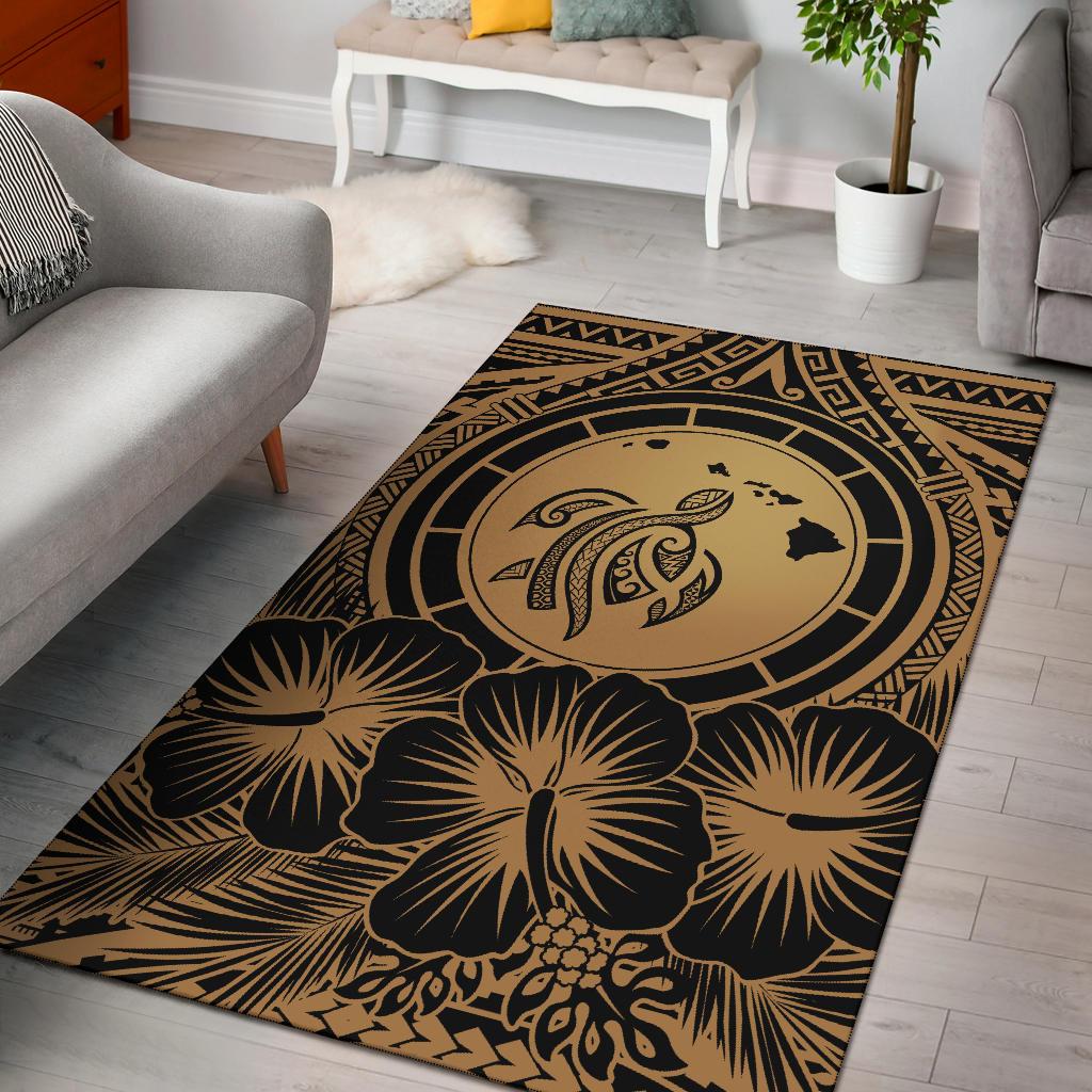 Hawaii Map Honu Hibiscus Polynesian Area Rug Blue AH - Polynesian Pride