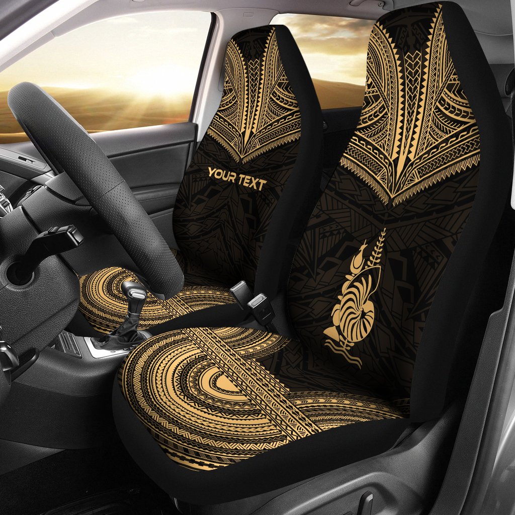 New Caledonia Custom Personalised Car Seat Cover - New Caledonia Coat Of Arms Polynesian Chief Tattoo Gold Version Universal Fit Gold - Polynesian Pride