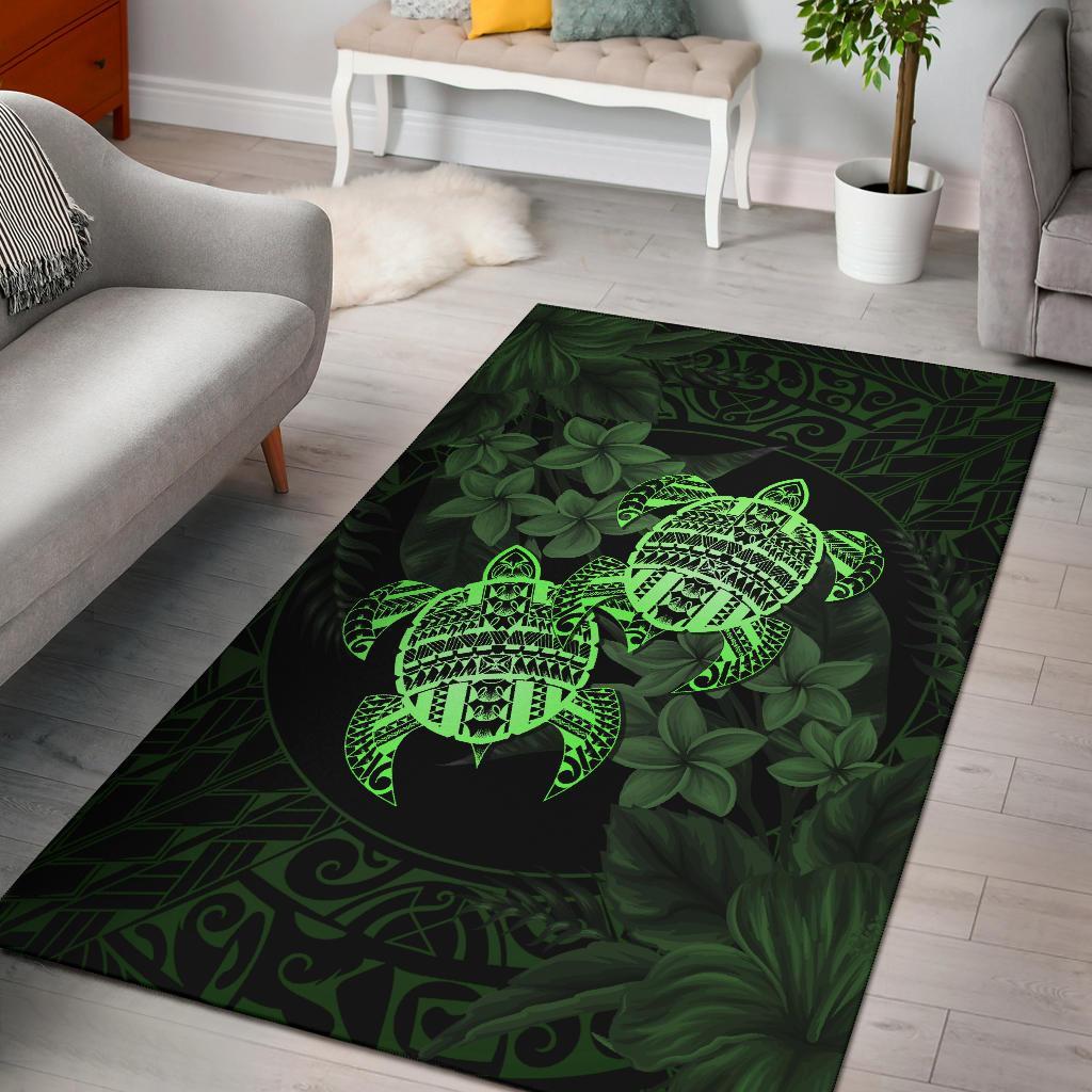 hawaii Rug - Turtle Strong Pattern Hibiscus Plumeria Green AH Green - Polynesian Pride