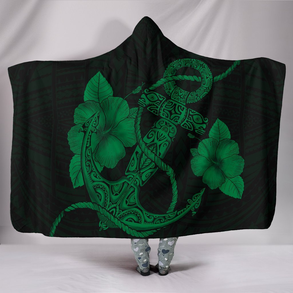 Anchor Green Poly Tribal Hooded Blanket Hooded Blanket Green - Polynesian Pride