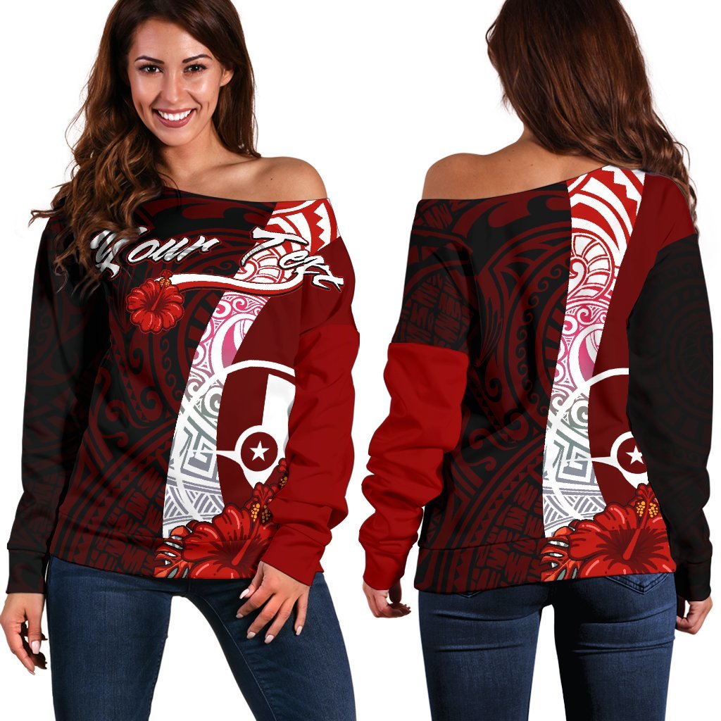 Yap Micronesia Custom Personalised Women's Off Shoulder Sweater - Coat Of Arm With Hibiscus Red - Polynesian Pride