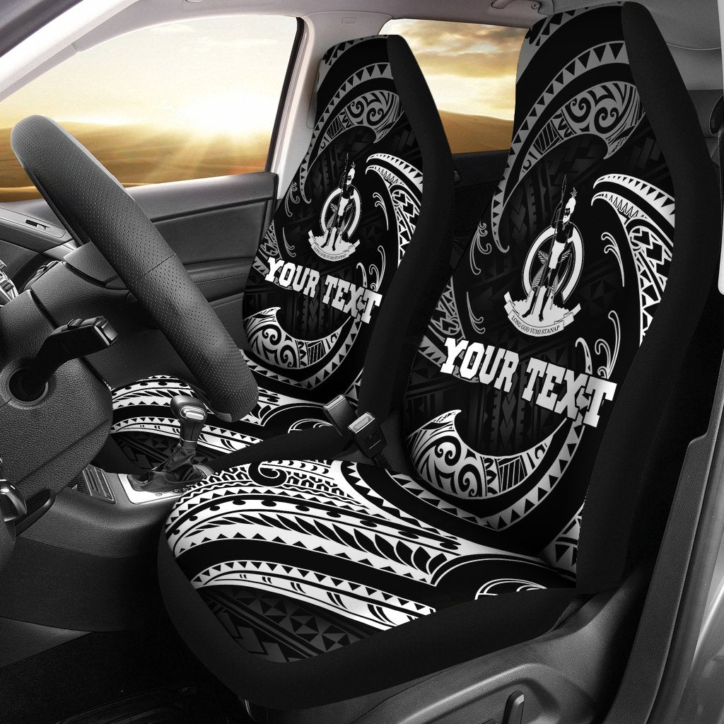 Vanuatu Polynesian Custom Personalised Car Seat Covers - White Tribal Wave Universal Fit Black - Polynesian Pride