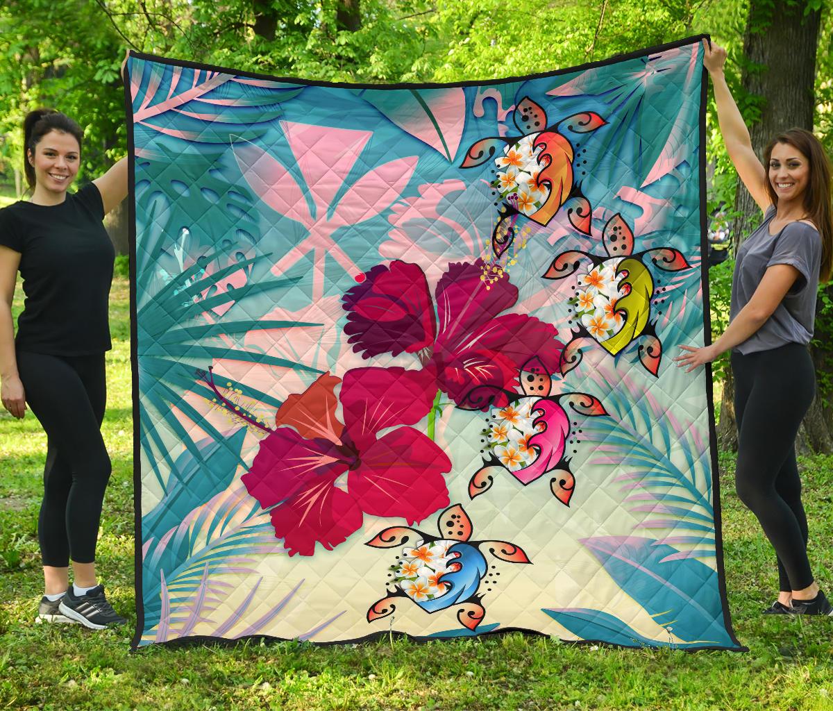 Polynesian Hawaii Premium Quilt - Plumeria Turtles with Hibiscus BLUE - Polynesian Pride