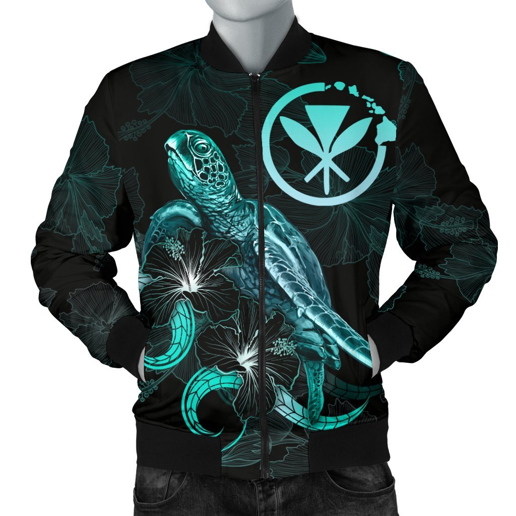 Hawaii Polynesian Men's Bomber Jacket - Turtle With Blooming Hibiscus Turquoise Turquoise - Polynesian Pride