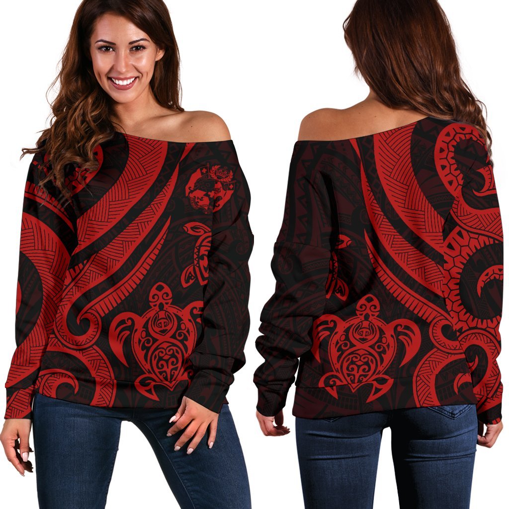 Tonga Women Off Shoulder Sweater - Red Tentacle Turtle Red - Polynesian Pride