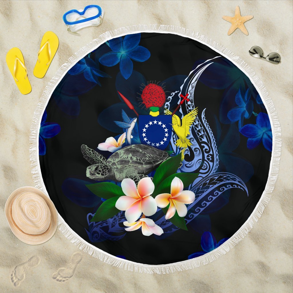 Cooks Islands Polynesian Beach Blanket - Turtle With Plumeria Flowers One style One size Blue - Polynesian Pride